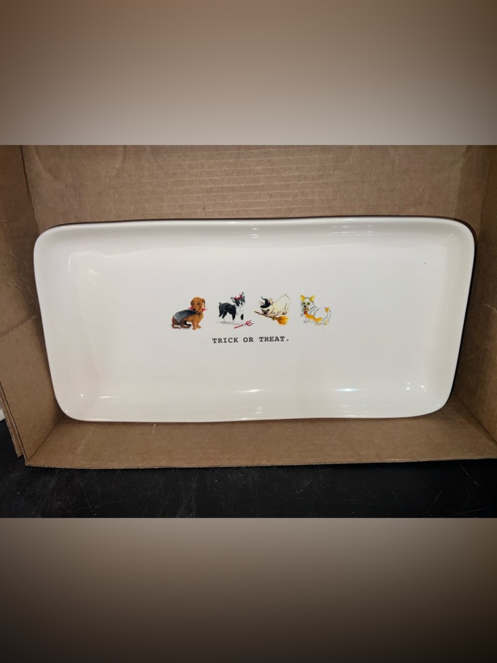Rae Dunn White Halloween Dog Platter with Trick or Treat Artwork